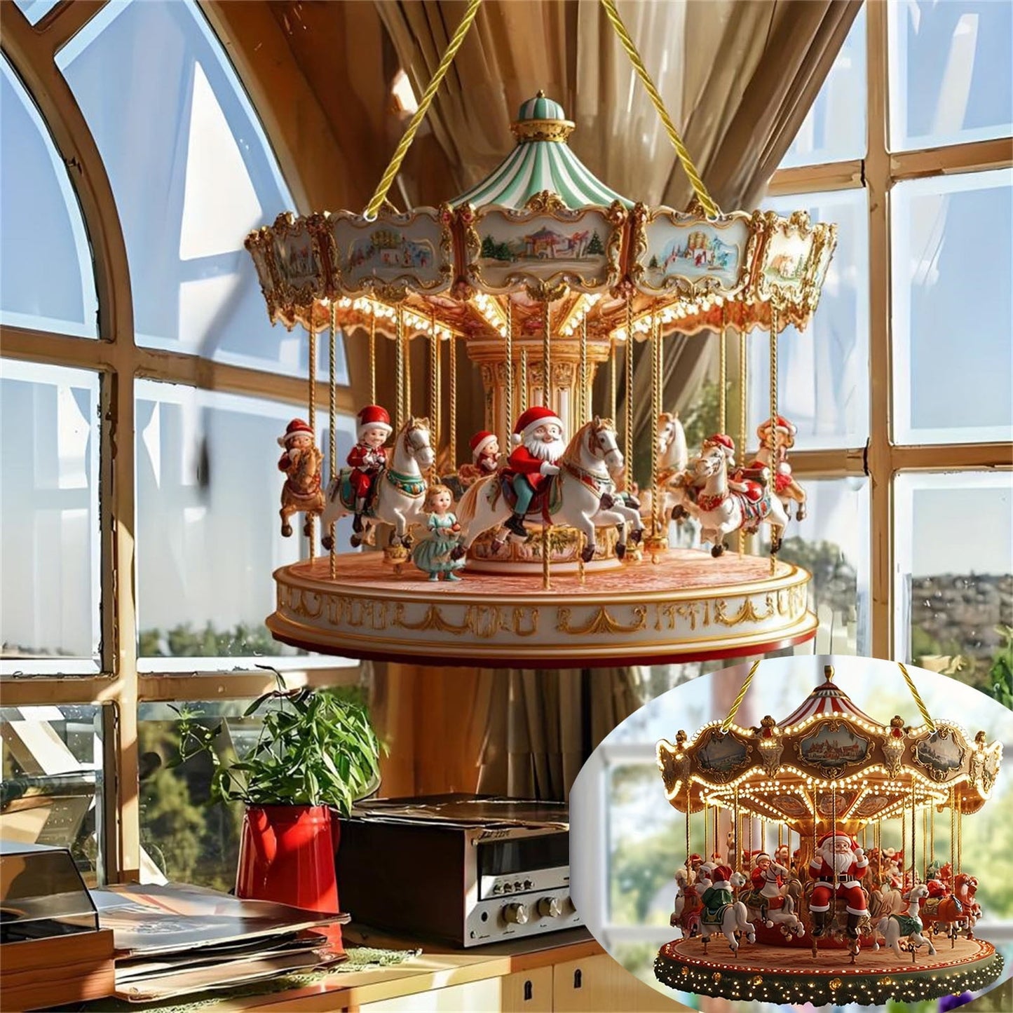Christmas In July Decorations,Santa Claus Carousel,Christmas Carousel Decoration,Acrylic Christmas Claus Carousel Hanging Decoration for Living Room Bedroom Home Decoration(A 10in)