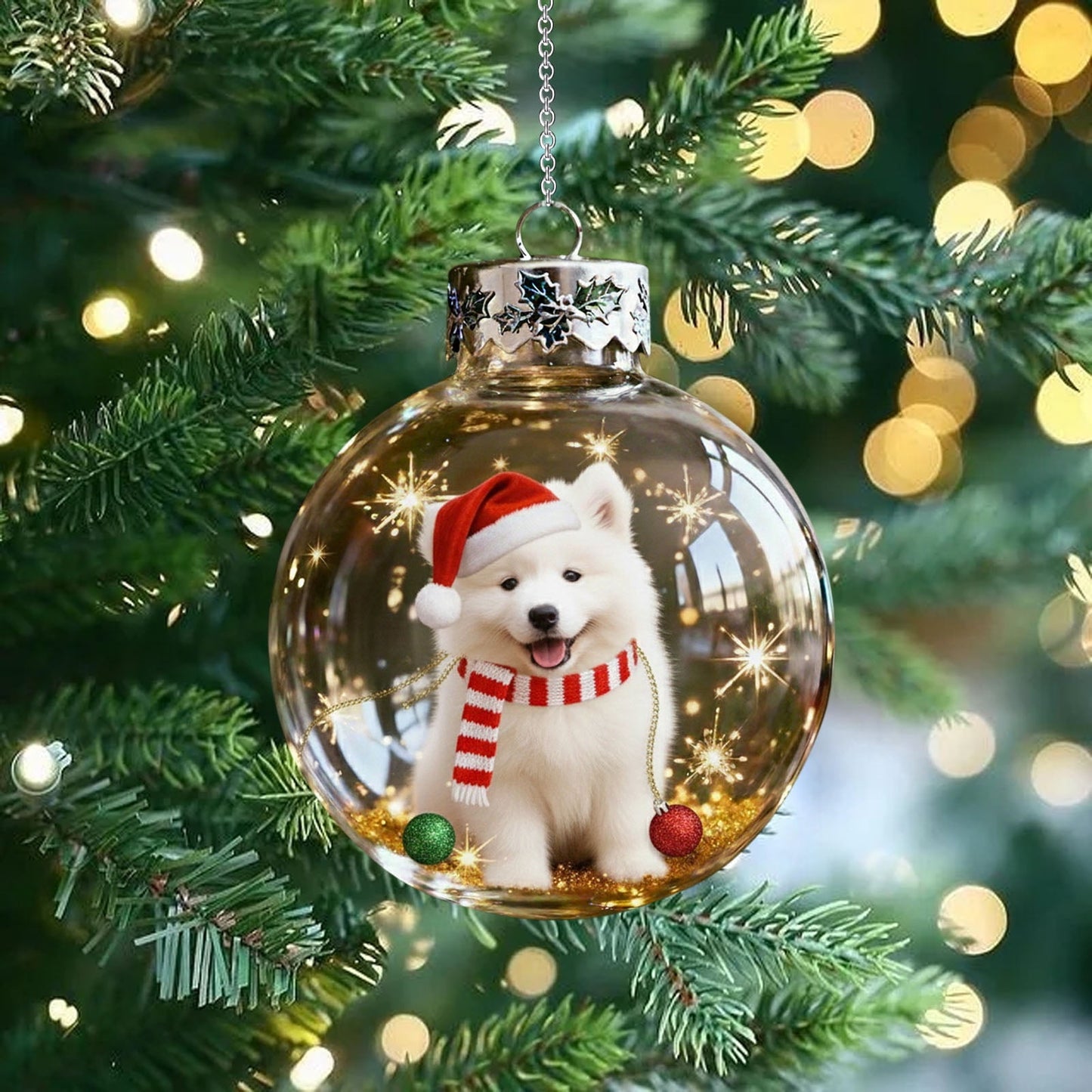 Christmas Dog Snow Globe Ornaments,Clear Plastic Christmas Balls,3.15inch Handcrafted Vivid 3d Animal Christmas Decoration,Dog Lover Christmas Tree Decorations.(Samoyed)