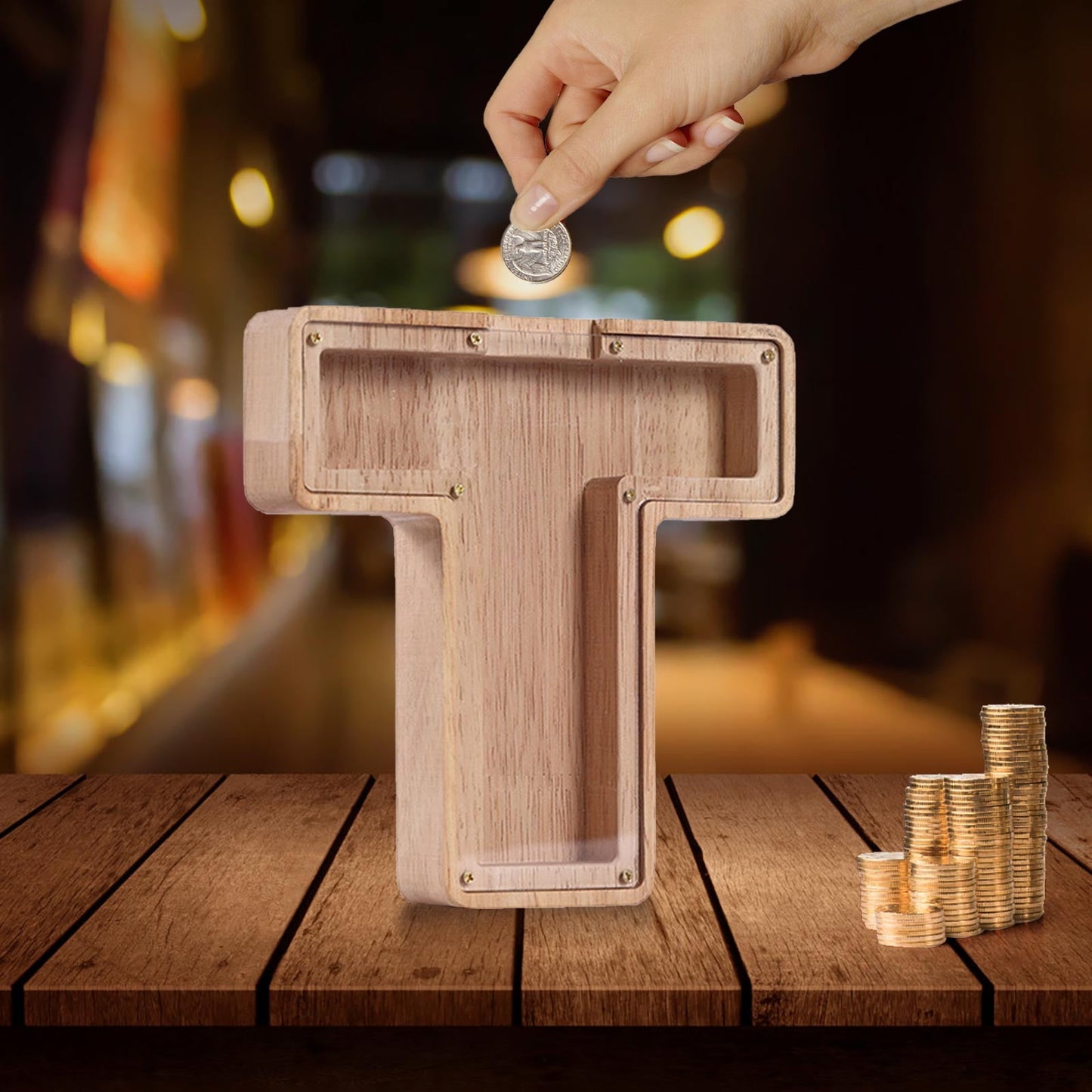 Saving Box,Piggy Bank for Boys,Wooden Letter Piggy Bank, Creative Piggy Bank Custom Wooden Piggy Bank, Letter Coin Bank,Wood Toys Money Saving Bank,Money Box Coin Bank Toys(T 7in+Sticker)