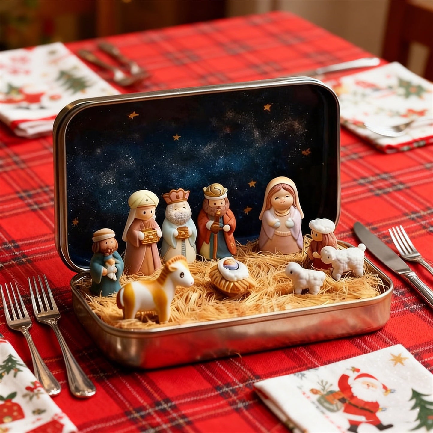 Little People Manger Nativity Set,Pocket Nativity,Mini Christmas Figurines,4.5¡Á3inch Mini Christmas Nativity Set In Tin Box Figurines,Handcrafted Pocket Bethlehem Scene For Desk,Shelf,Office Decor.