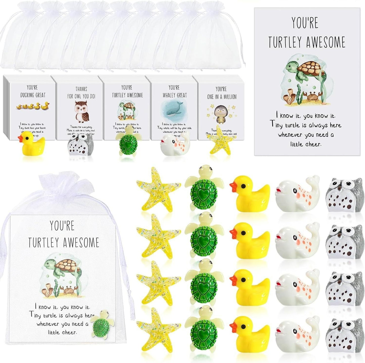 20 Sets Employee Appreciation Gifts Bulk, Funny Animal Pun Inspirational Cards and Cute Animal Resin Toy Ducks, Thank You Gifts for Employee Teacher Staff (100 Pcs)