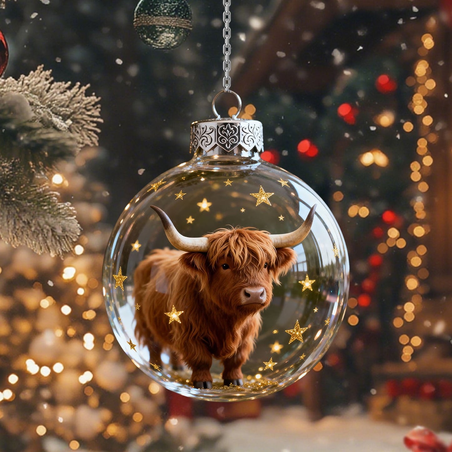 Highland Cow Ornament,2.76inch,Snowflake Ball Pendant,Vivid 3d Animal Christmas Decoration,Clear Plastic Xmas Balls,2026 Wildlife Wonders Collection Crystal Glass Ornament