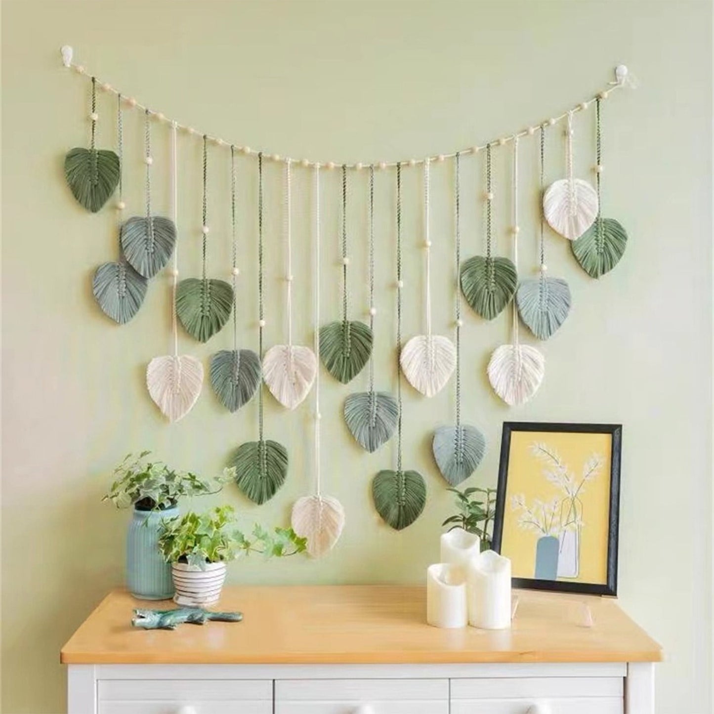 Green Wall Art,Macrame Wall Hanging,Leaves Woven Tapestry, Feather Handmade Tassels Boho Wall Decor,Leaves Art Decorations for Nursery Bedroom Living Room(Green 50*30in)