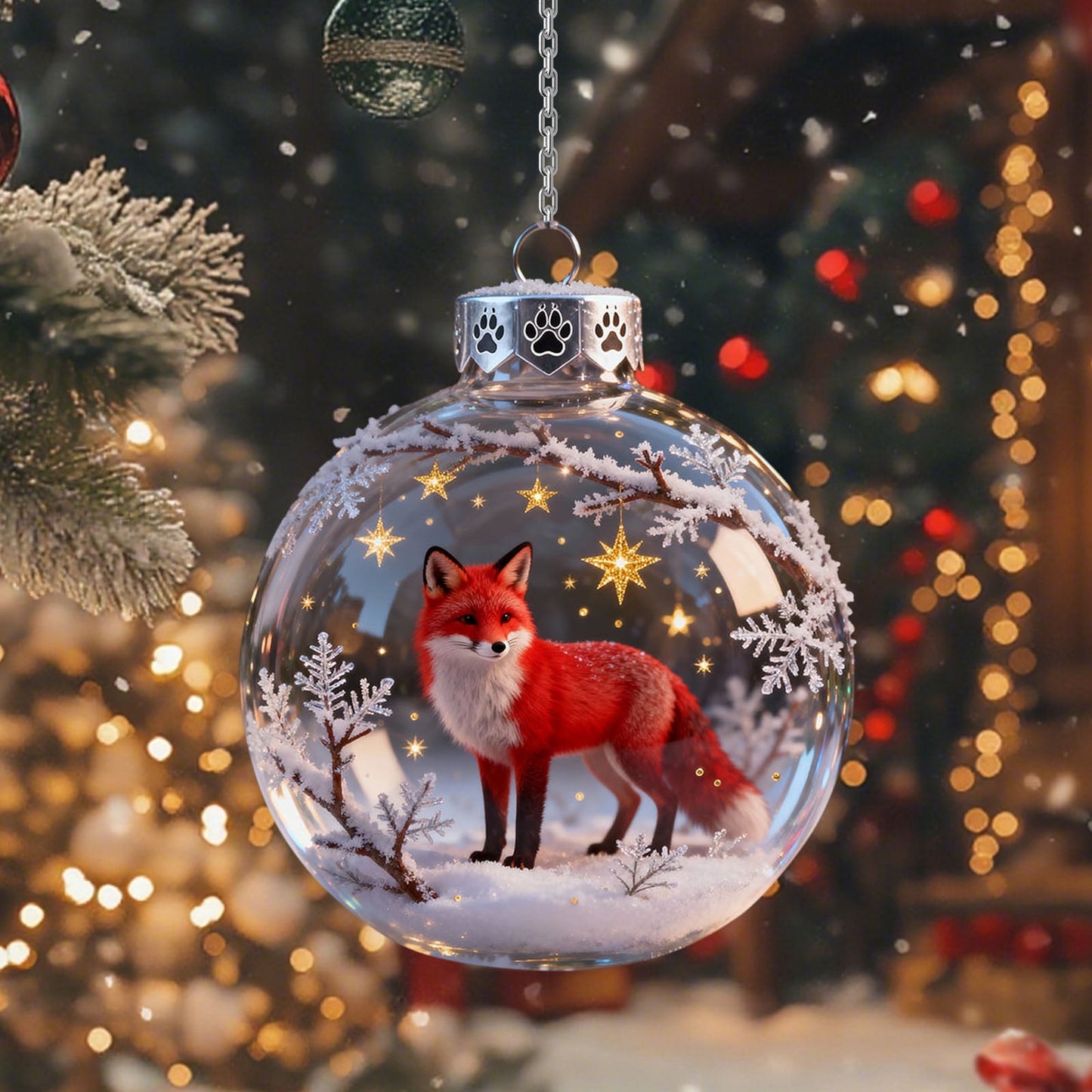 Holiday Fox For Christmas Tree,2.76inch,Snowflake Ball Pendant,Vivid 3d Animal Christmas Decoration,Clear Plastic Xmas Balls,2026 Wildlife Wonders Collection Crystal Glass Ornament