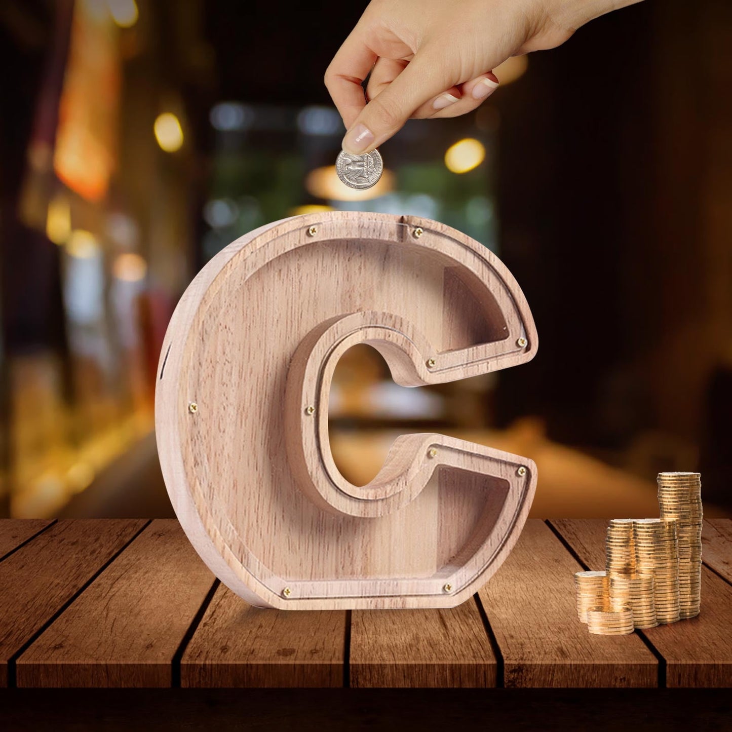 Savings Box,Piggy Bank for Kids,Wooden Letter Piggy Bank, Creative Piggy Bank Custom Wooden Piggy Bank, Letter Coin Bank,Wood Toys Money Saving Bank,Money Box Coin Bank Toys(C 7in+Sticker)