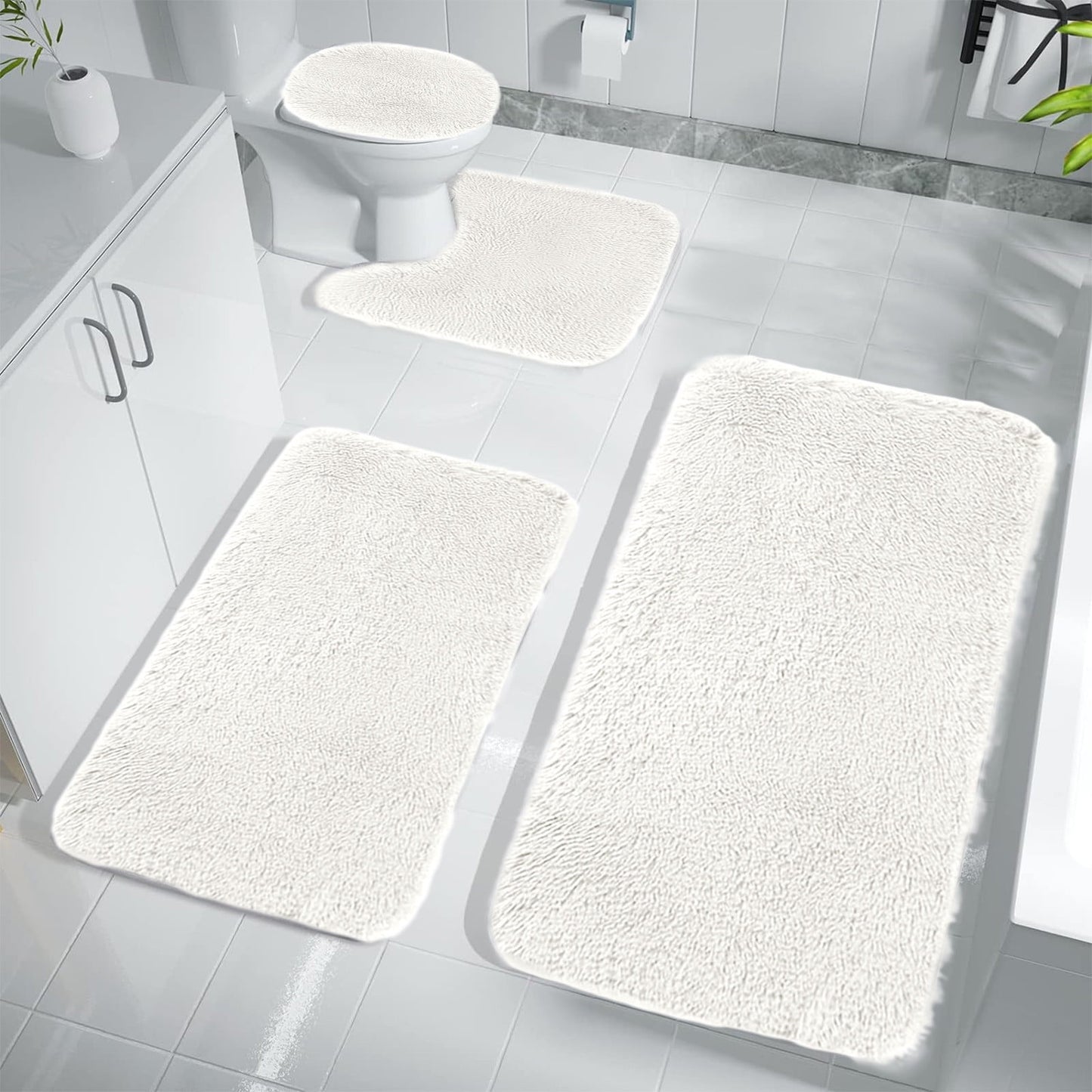 Memory Foam Bath Mat,4 Pcs Set Bathroom Rugs for Toilet Mats Universal Soft Comfortable Water Absorption Non-Slip Thick Machine Washable Easier To Dry Dark(White 15.7x31.5in)from ANMUYUM