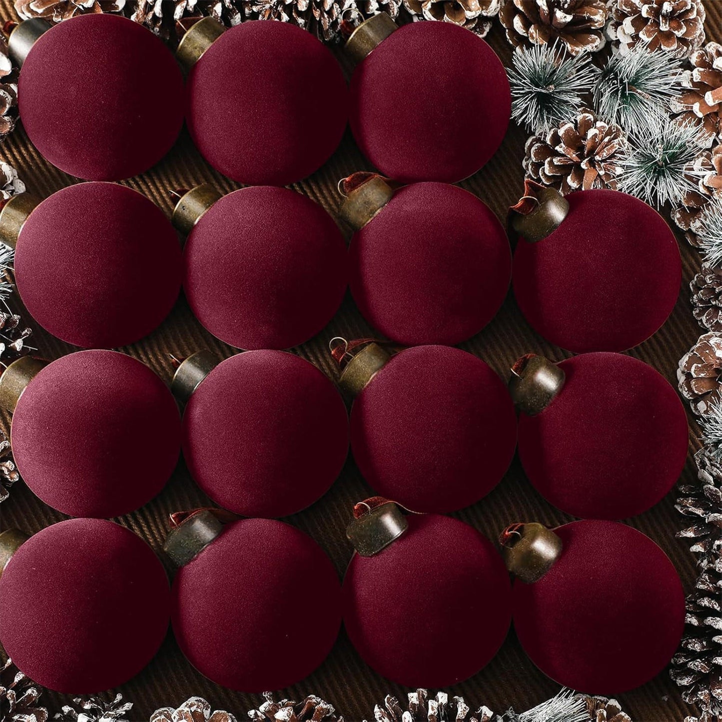 15pcs Velvet Ornaments,Red Christmas Ornaments,3.14inch,Velvet Christmas Ball Ornaments, Wine Flocked Xmas Plastic Ball Small Shatterproof Decorative For Family Holiday Party (Wine)