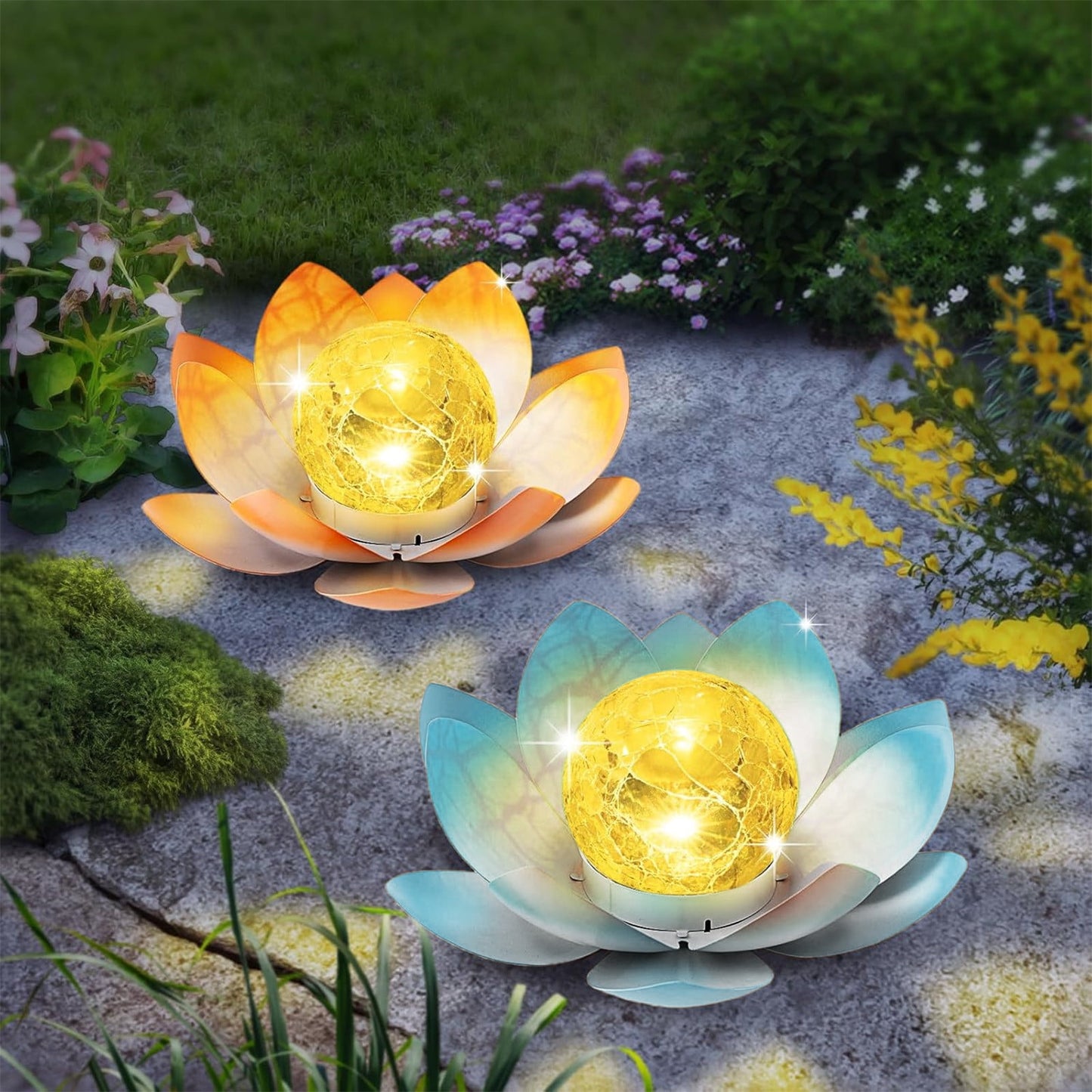 Solar Light Outdoor,LED Solar Lights Outdoor Decorative Waterproof Lotus Flower Lamp,Solar Lights Outdoor Garden Decorative Art Metal Lotus Cracked Glass(Blue 6*4in)