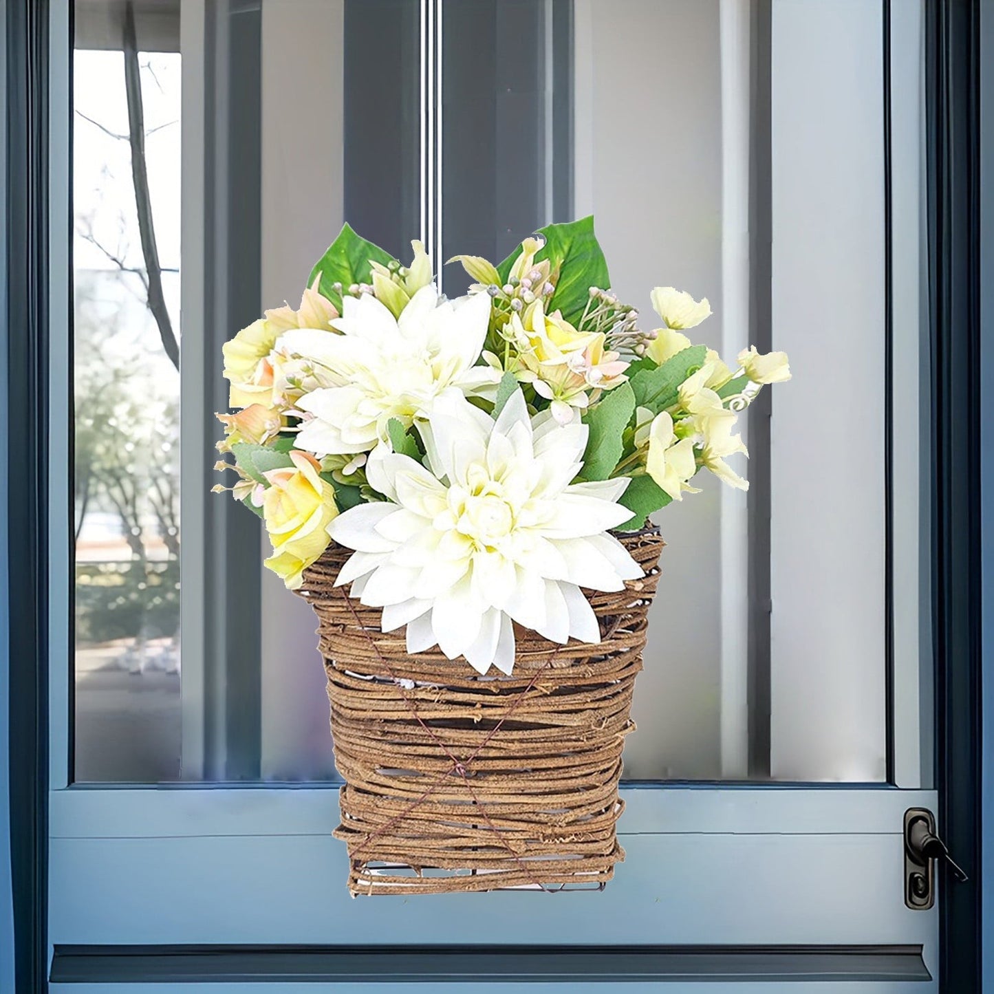 Front Door Hanging Basket,Hanging Basket for Front Door,Spring Hydrangea Basket Garland Simulation Rattan Basket Door Basket Door Hanging Decorative Garland(B 14in)