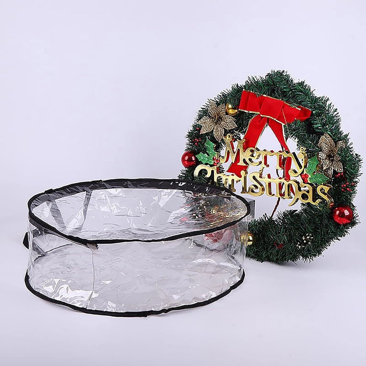 Wreath Storage Container,Wreath Storage Bag,Garland Holiday Container with Plaid Christmas Wreath Storage Box with Heavy Duty Handle and Clear Window(Black 24*8in)