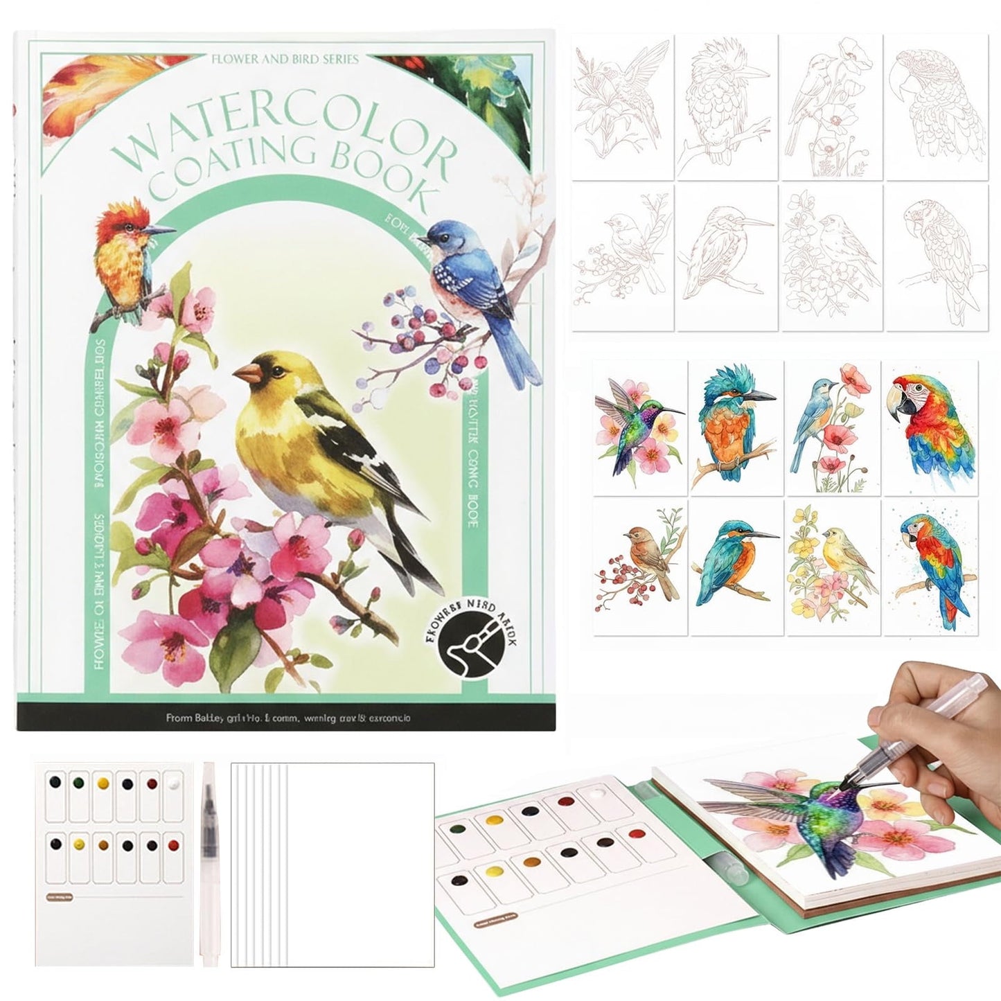 2026 breathly watercolor kit,breathly art,this is not a sketchbook,7Inch Breathly Stress Relief Kit Watercolor Painting Book,Workbook Travel Set for Adults Arts Kit.(Flower and Bird)