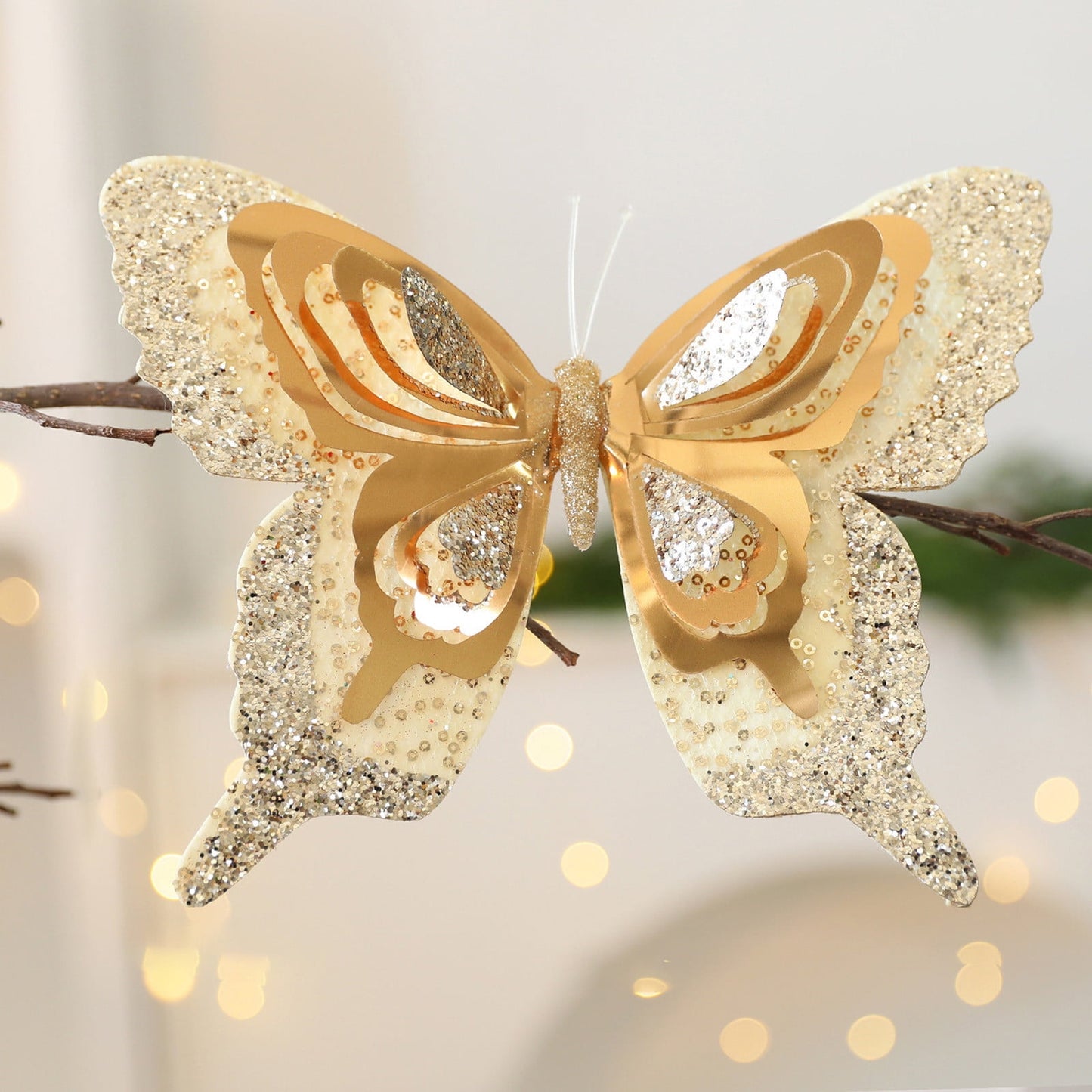 Glitter Butterfly Decorations Christmas Tree Butterfly Ornaments,Christmas Tree Decor,Christmas Simulation Ornaments Christmas Scene Arrangement Sequins Christmas Decoration(Gold 10in 1pc)