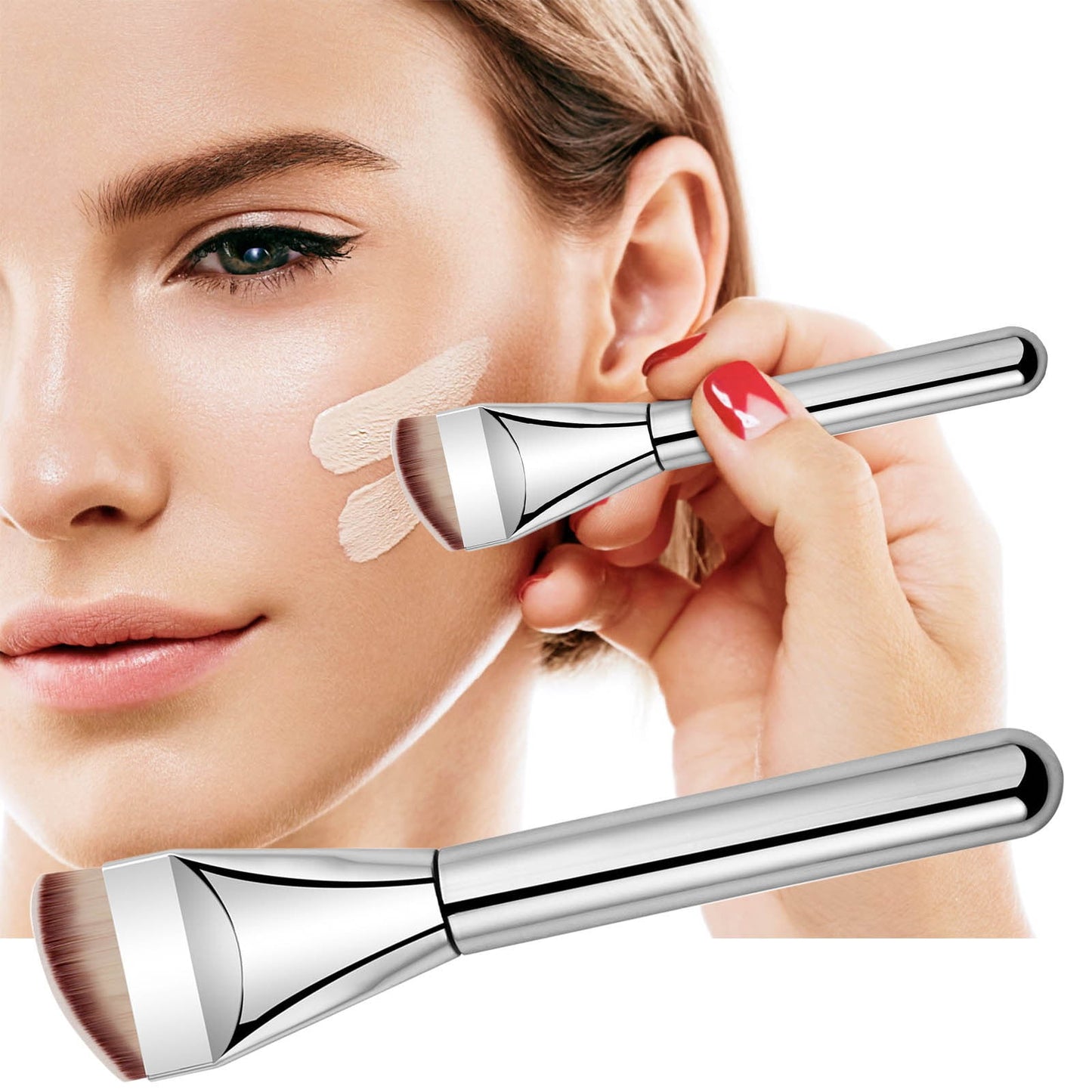 Angled Flat Foundation Brush, Korean Makeup Brush Ultra Thin Spatula Brush Face Makeup Brushes for Liquid Foundation, Blending Cream, Soft Synthetic Bristles Blending Brush (Silver)