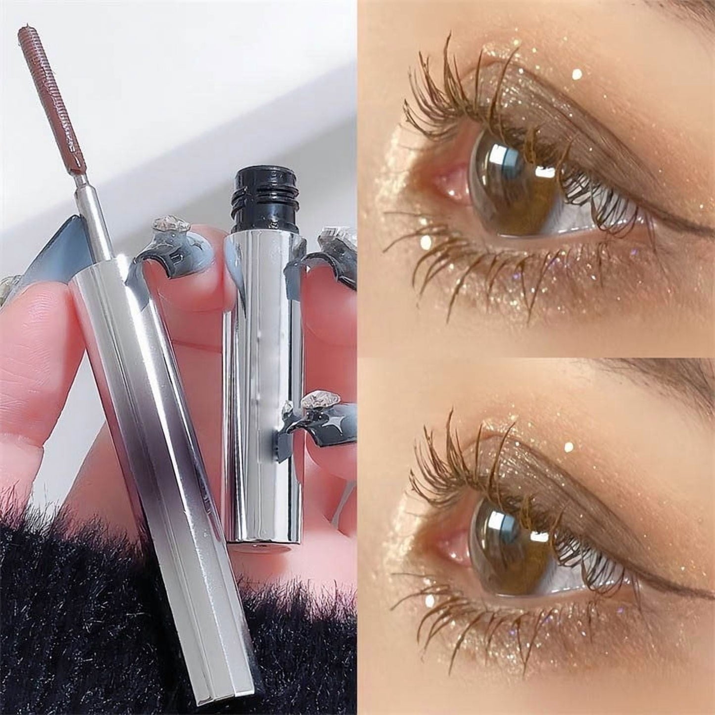 Brown Curling Iron Mascara, Washable Metal Mascara, Curling Iron Wand 3D Eyelash Non-Clumping, Smudge-Proof Natural Length Extra Slim Long Lasting, Natural Thick Clear Lashes-looking