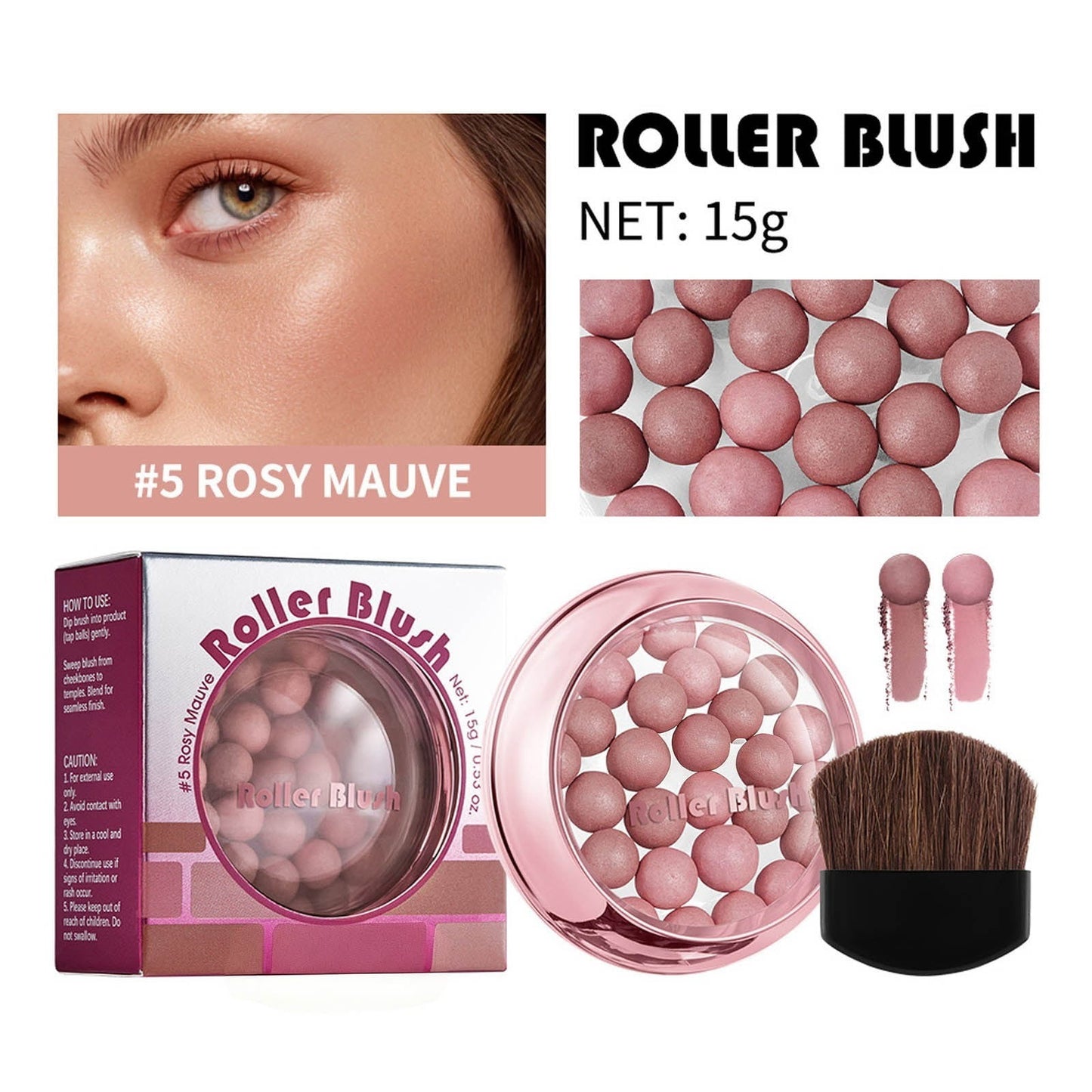 Luminous Blush Powder, Powder Blusher Ball Three-dimensional Repair Delicate High Gloss Pearl Ball Powder Blusher, Ultra-Fine & Smooth, Longer-Lasting Wear with Natural Luminous Glow (Rosy Mauve)