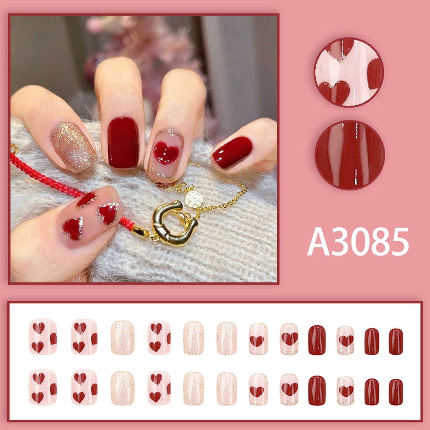 Press On Nails Short & Short Press On Nails 24pcs, Valentine's Day Heart Glossy Acrylic Short Red Press On Nails For Women With Jelly Glue