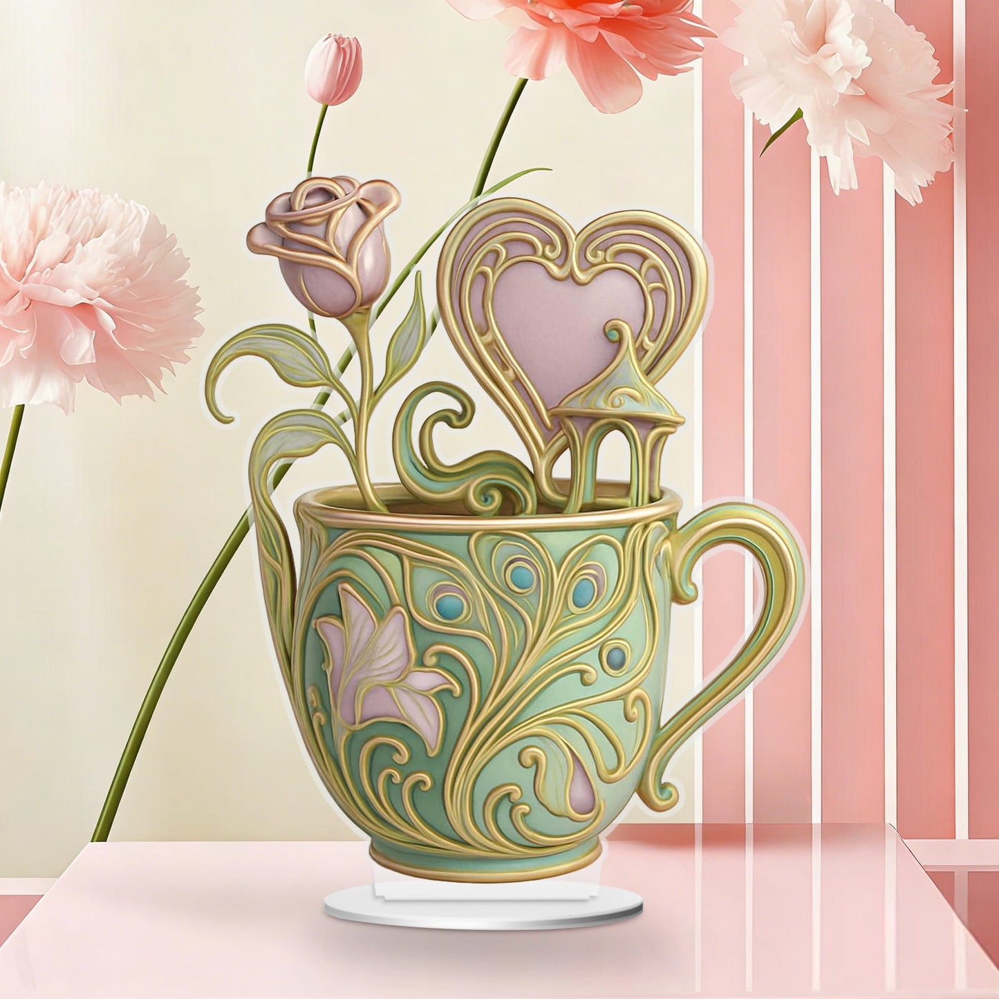 Tea Cup Ornament & Teapot Ornament Valentine's Day Acrylic, 6" Heart-shaped Teacup Ornament for Christmas Tree & Romantic Home Decor