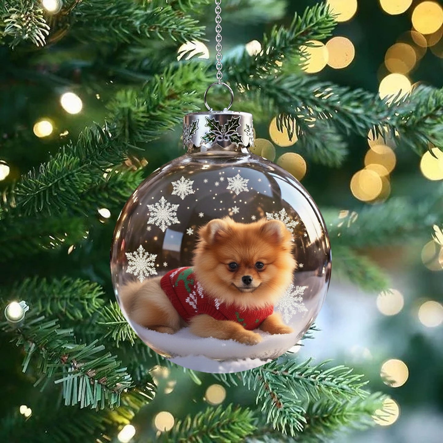 Christmas Dog Snow Globe Ornaments,Clear Plastic Christmas Balls,3.15inch Handcrafted Vivid 3d Animal Christmas Decoration,Dog Lover Christmas Tree Decorations.(Pomeranian)