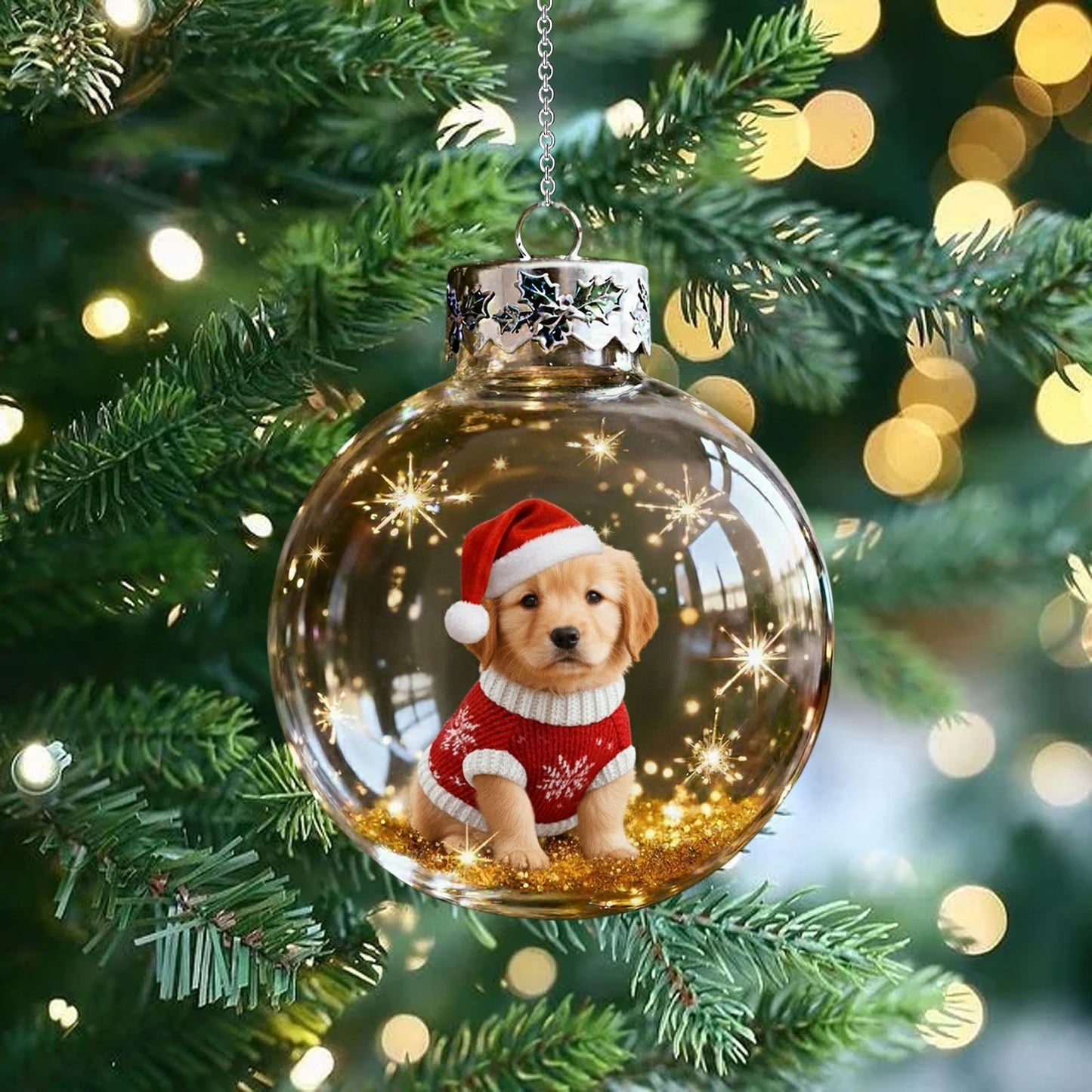 Christmas Dog Snow Globe Ornaments,Clear Plastic Christmas Balls,3.15inch Handcrafted Vivid 3d Animal Christmas Decoration,Dog Lover Christmas Tree Decorations.(Golden Retriever)
