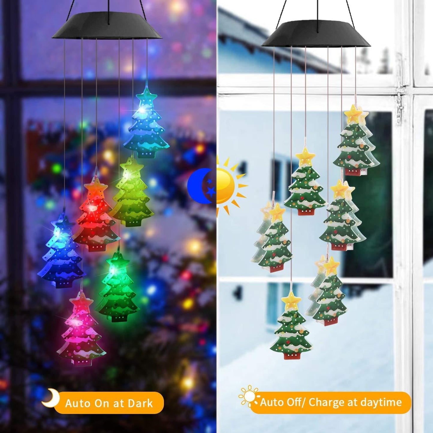Glass Wind Chimes for Outside,LED Colorful Christmas Tree Wind Chime Lights Garden Lights Outdoor Lights,Solar Powered LED Flying Pig Wind Chimes Light(Tree 26-33in)