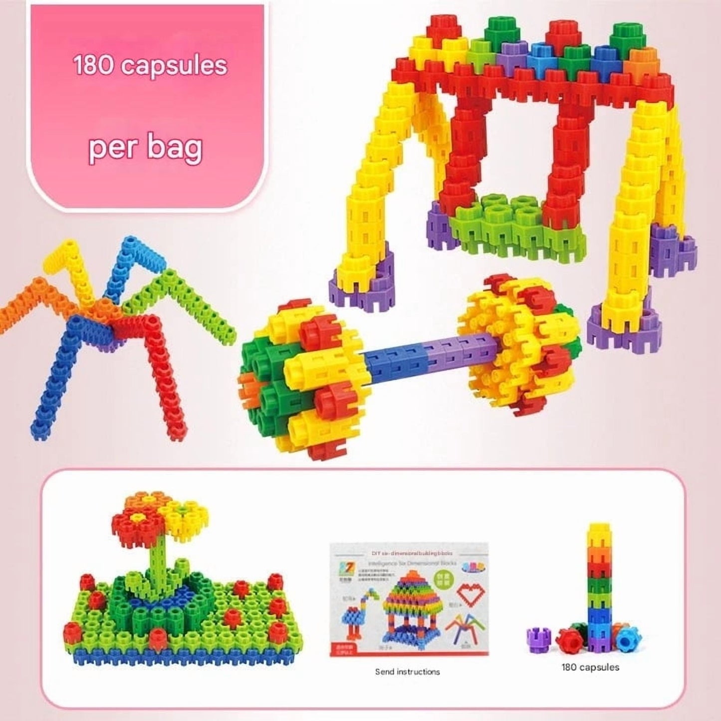 Snap Together Hexagon Building Blocks For Kids,Creative Construction Toys ,With Interlocking Plastic Pieces,+ Opp Bag + Drawings