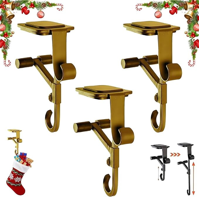 Fireplace Garland Hanger,Outdoor Garland Hanger,Garland For Mantels Up To 8.5 Thick 2025 Christmas Fireplace Stocking Garland Hanger With Adjustable Length 2 In 1 Heavy-Duty Hangers(Gold 3pcs)