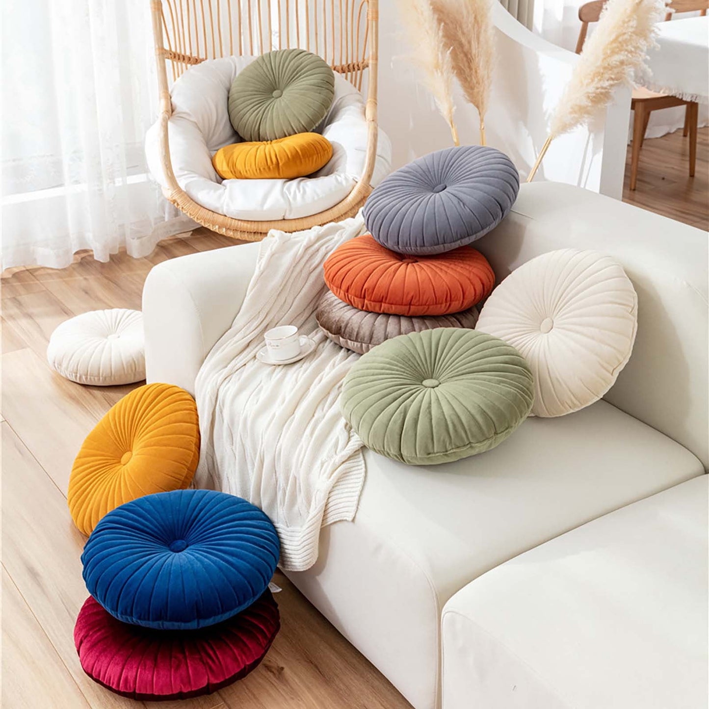 Round Pillows for Couch,Round Velvet Pillow,Round Throw Pillows,Pumpkin Pleated Pillow Decorative Round Floor Pillows Cushion for Living Room Sofa Bed(Beige 16in)from ANMUYUM