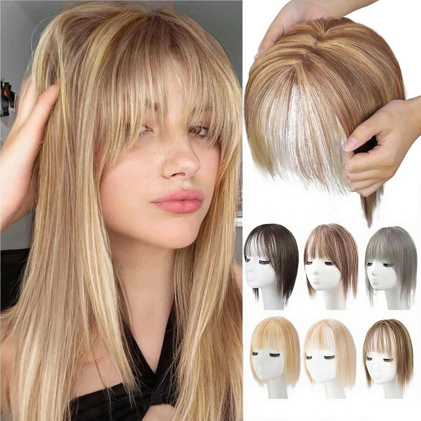 Clip In Bangs,Clip On Bangs For Women,Hair Toppers for Women Clip in Bangs Real Human Hair Pieces French Bangs Topper for Solve Loosing And Thinning Add Volume 12 Inches Toppers(F)