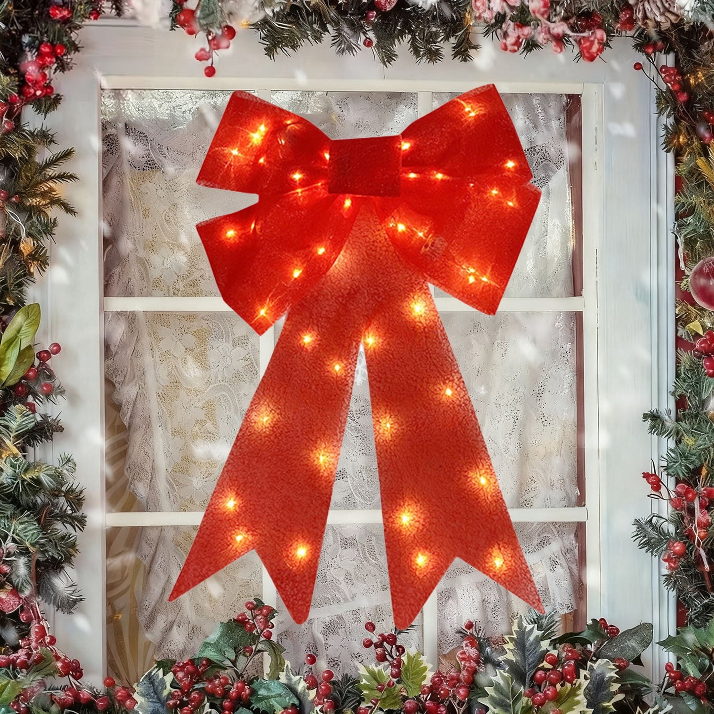 Light Up Red Christmas Bows Outdoor,Large Christmas Bows,24inch Led Hanging Bow For Christmas Decorations,Red Bow Tree Topper,Red Velvet Pvc Xmas Tree Bows For Door Fireplace Railing Porch.