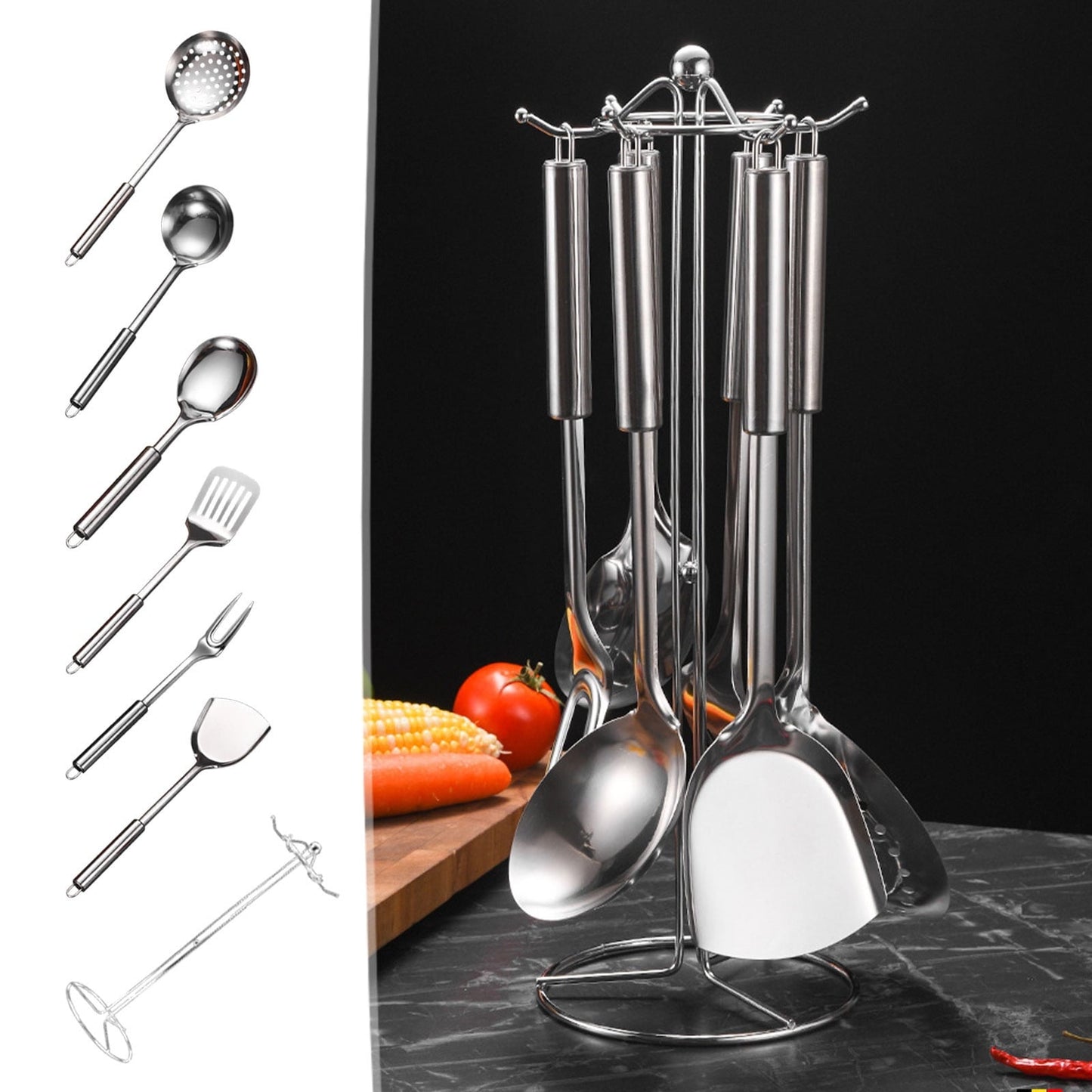 Wok Utensils,Wok Ladle,Wok Spatula,7pcs,Spatula Cookware Kitchen Cooking Utensils Set 304 Stainless Steel Cooking Utensils Set,Wok Tools:Shovel Wok Spatula Long Handle Shovel Wok Turner