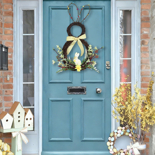 Easter Wreath Spring Wreaths for Front Door Easter Bunny Decor, Rattan Bunny-shaped Garland, Holiday Party Decoration for Indoor Outdoor