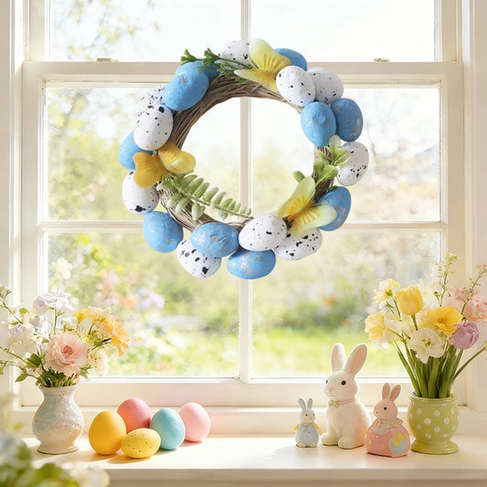 Easter Wreaths for Front Door Easter Egg Wreath Easter Decorations, Rattan Egg-Shaped Garland with Chick Nest & Watercolor Flowers, Holiday Party Decor for Home Indoor Outdoor
