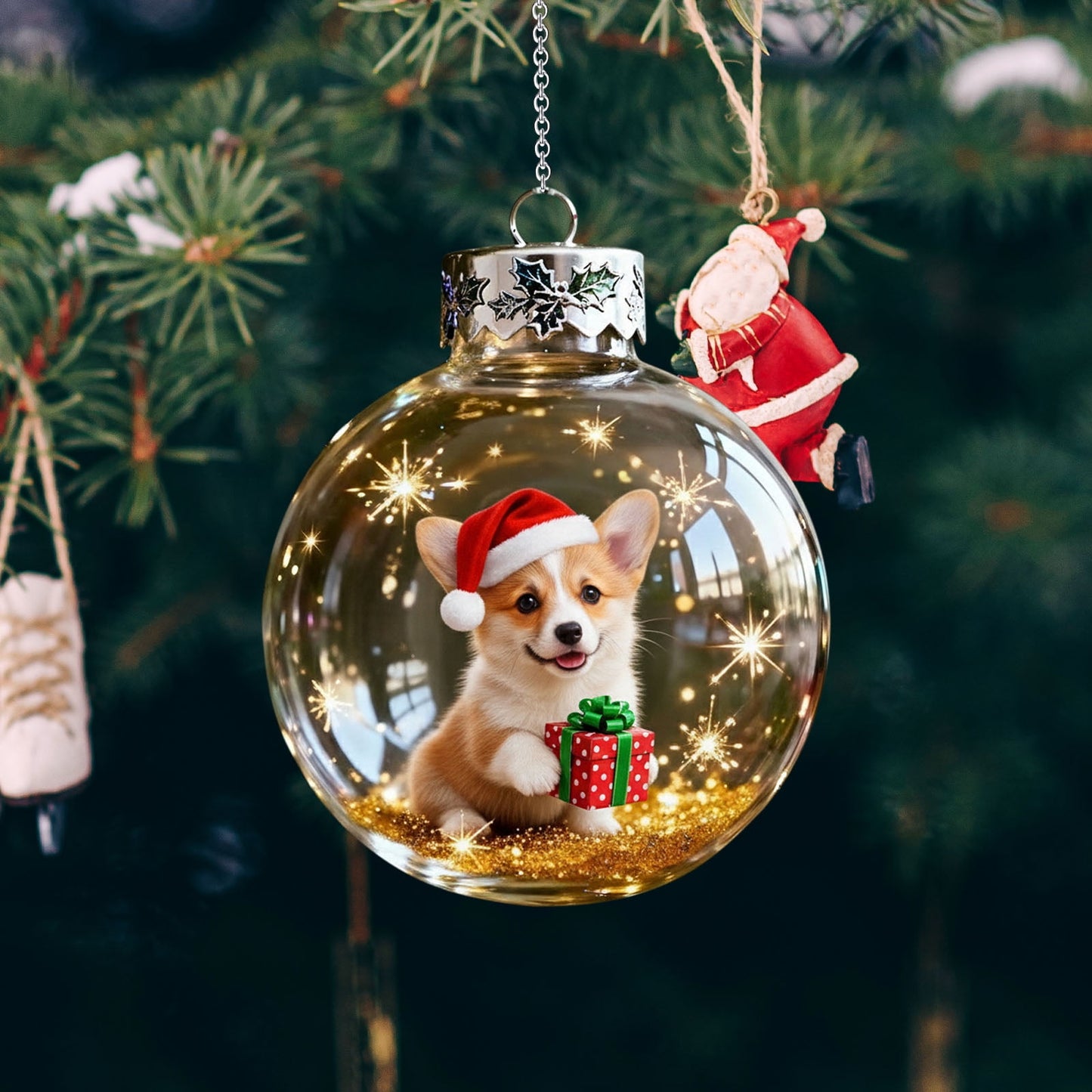 Christmas Dog Snow Globe Ornaments,Clear Plastic Christmas Balls,3.15inch Handcrafted Vivid 3d Animal Christmas Decoration,Dog Lover Christmas Tree Decorations.(Corgi)