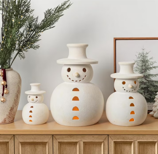 Handmade Snowman,Terracotta Snowman Decor, Christmas Handmade Figurines Decorations, White Clay Winter Decor for Holiday Table Ornaments, Rustic Unique Style for Home Indoor & Outdoor