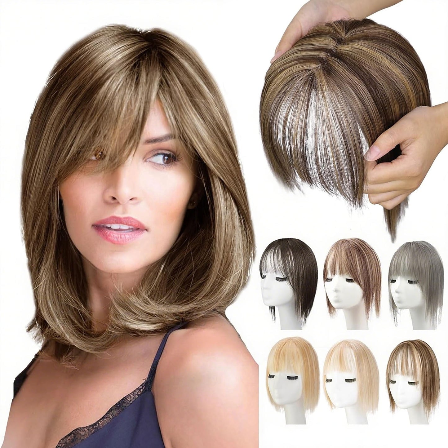 Fake Bangs,Clip In Bangs,Hair Toppers for Women Clip in Bangs Real Human Hair Pieces French Bangs Topper for Solve Loosing And Thinning Add Volume 12 Inches Toppers(G)