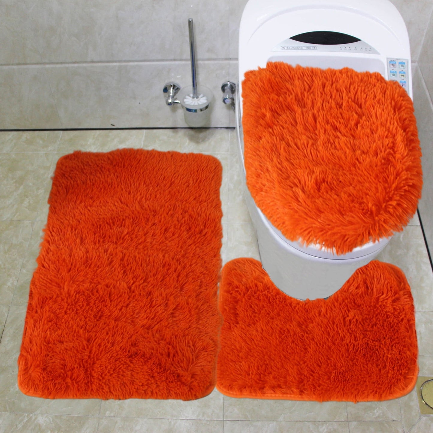 3 Piece Bathroom Rug Set With Toilet Lid Cover,Bathroom Rugs Sets 3 Piece,Ultra Soft Non Slip Bath Rug and Absorbent Chenille Bath Mat,Bathroom Rugs(Orange 3pcs/Set 20in)