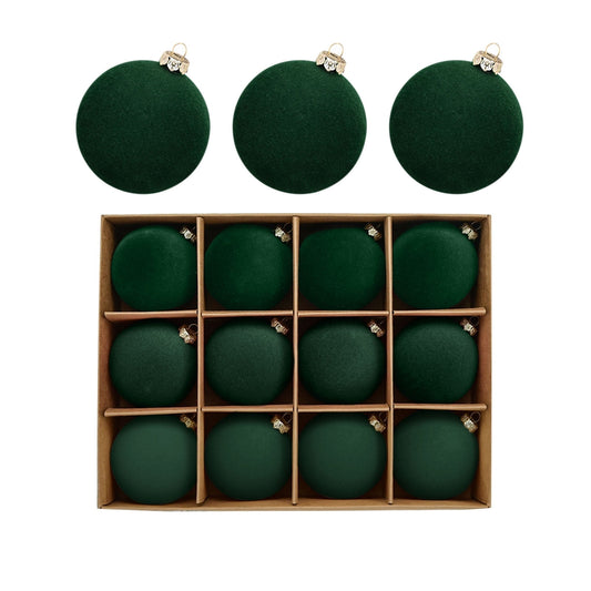 Velvet Ornaments for Christmas Tree,Christmas In July Decorations,Velvet Christmas Ball Ornaments Set,Flocked Hanging Balls for Xmas Tree,Plastic Decorative Baubles(Green 12pcs 2.4in)