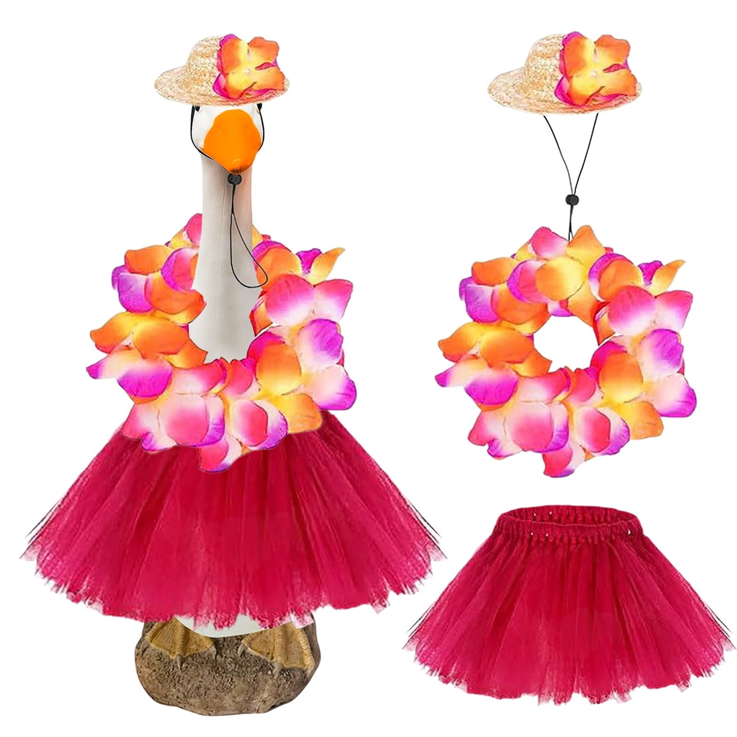 Lawn Goose Outfits,Porch Goose Dress,Hawaiian Grass Skirt Big White Gooses Festival Set Decoration Sculpture Decoration,Goose Outfits,Porch Goose Clothes Costume(Hawaiian Pink 23in)