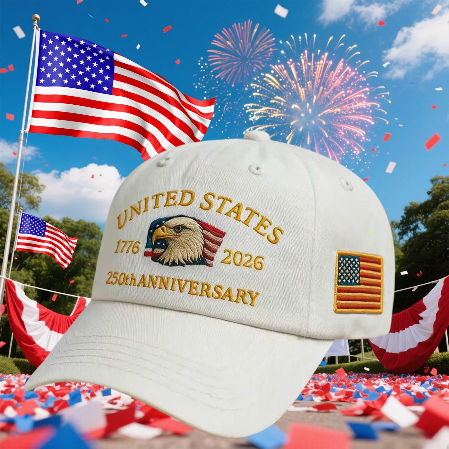 250 Anniversary Hat, USA 250th Anniversary Baseball Cap, Adjustable Patriotic Printed Baseball Cap with Bald Eagle, Retro Washed Cap