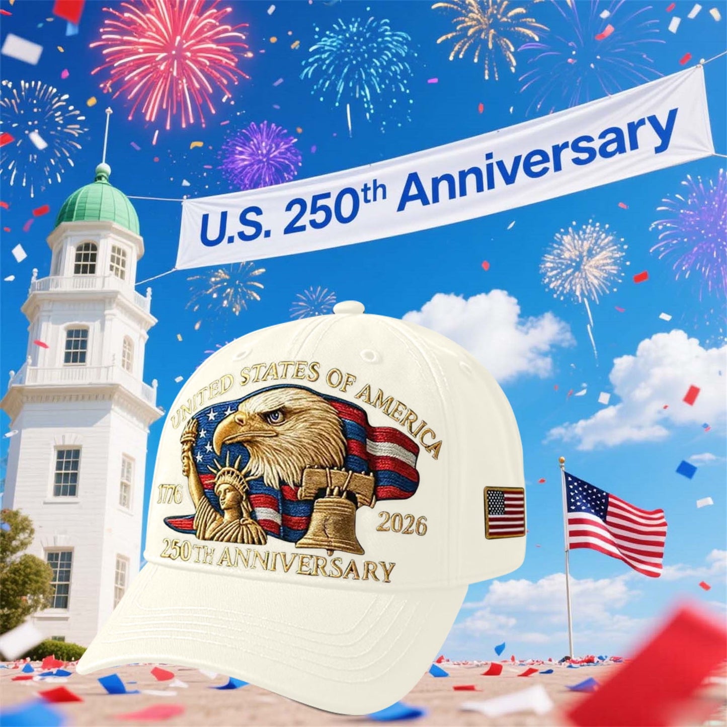 250th Anniversary Hat, Adjustable Patriotic Embroidered Baseball Cap with Bald Eagle, Retro Washed Cap