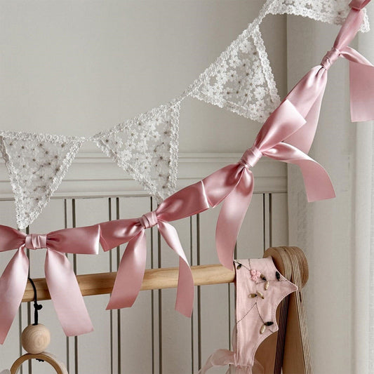 Bow Banner,Bow Party Decorations,Bow Garland,Bow Garland Banner Pink Silk Bow Hanging Banner for Baby Shower Decor Coquette Bachelorette Birthday Party Photo(Pink 1Set 6ft 10Bows/Set)