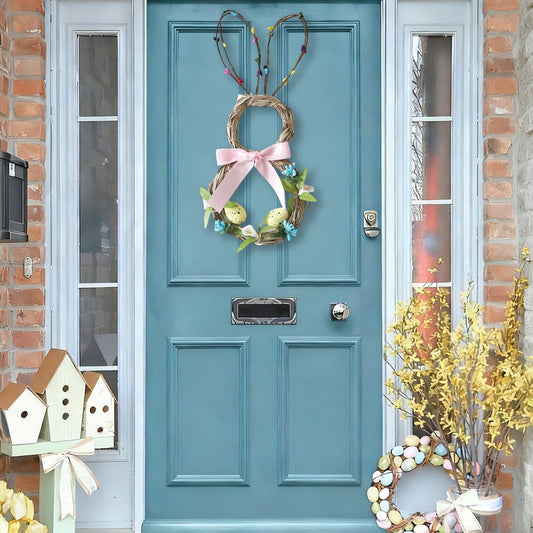 Easter Wreath Spring Wreaths for Front Door Easter Bunny Decor, Rattan Bunny-shaped Garland, Holiday Party Decoration for Indoor Outdoor
