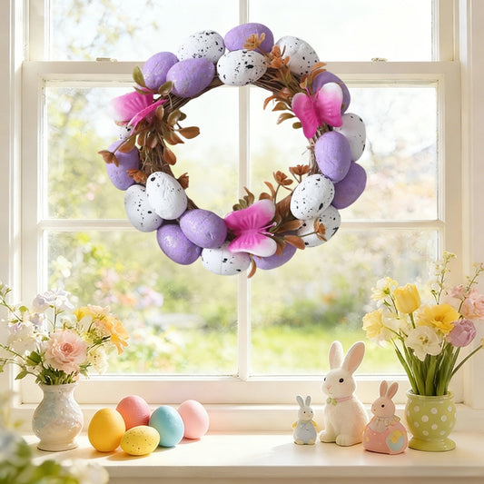 Easter Wreaths for Front Door Easter Egg Wreath Easter Decorations, Rattan Egg-Shaped Garland with Chick Nest & Watercolor Flowers, Holiday Party Decor for Home Indoor Outdoor