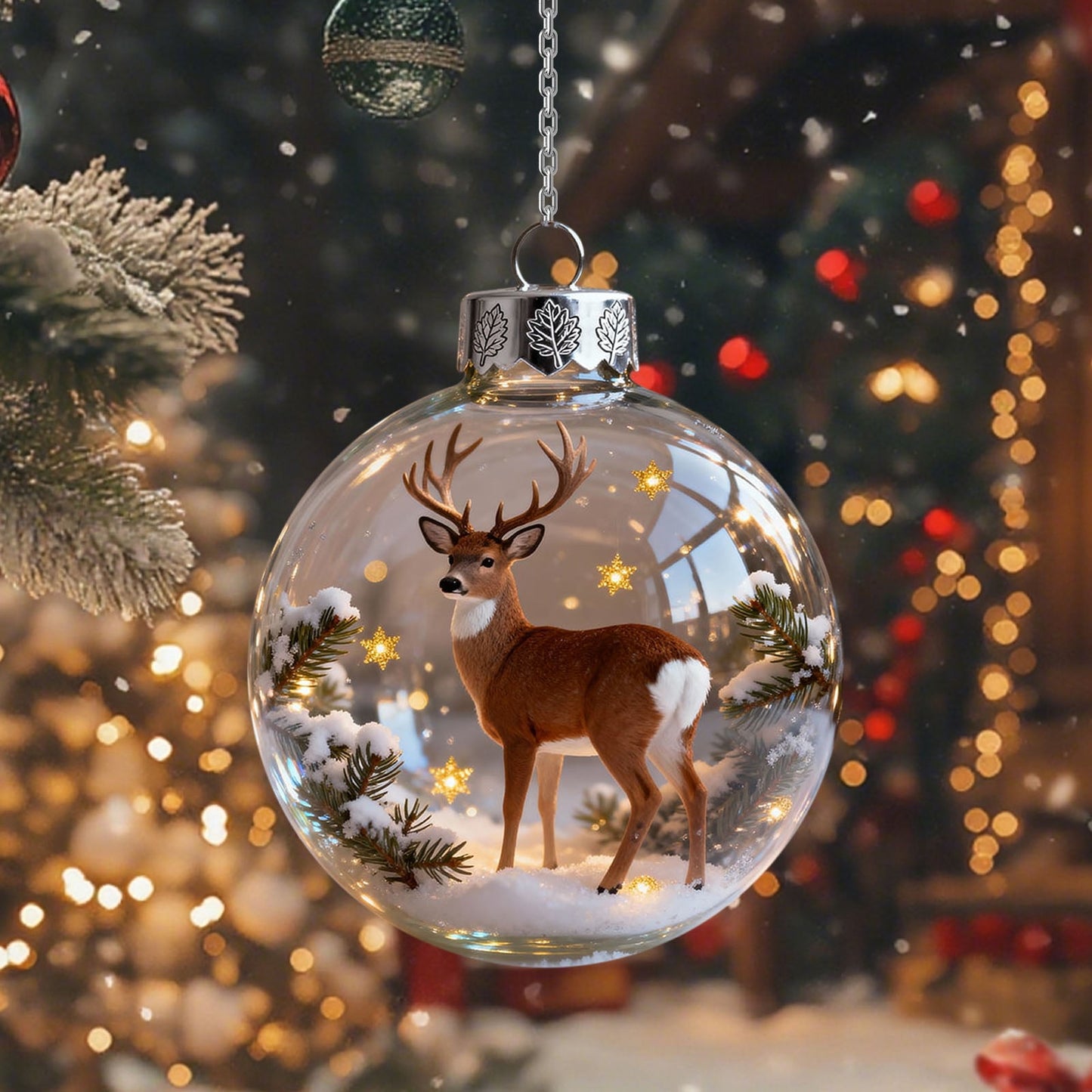 Deer Ornaments For Christmas Tree,2.76inch,Snowflake Ball Pendant,Vivid 3d Animal Christmas Decoration,Clear Plastic Xmas Balls,2026 Wildlife Wonders Collection Crystal Glass Ornament