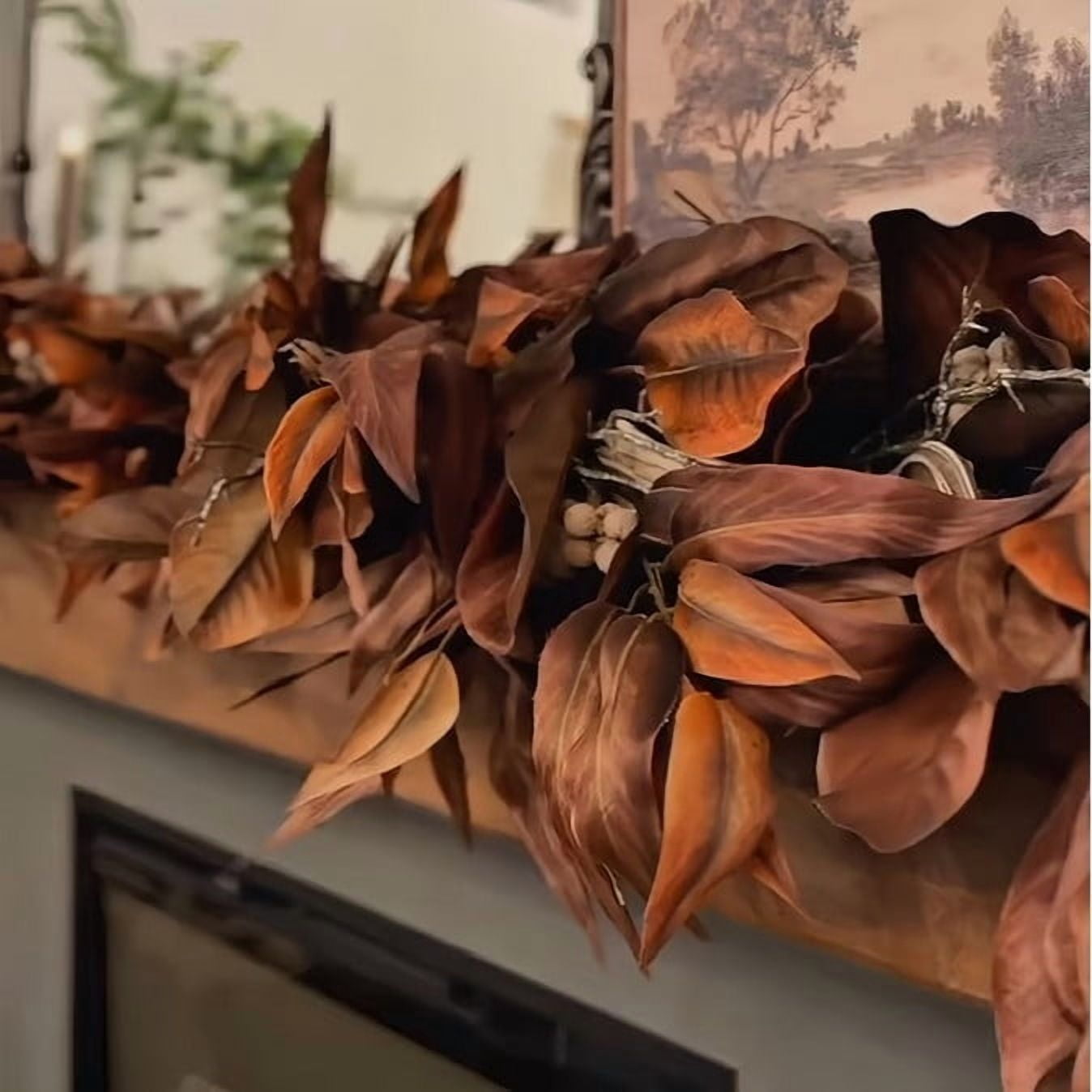 Brown Magnolia Leaf Garland,Brown Magnolia Leaf Garland,6FT Brown Magnolia Leaf Garland for Fall Decor ¨C Realistic Faux Silk Leaves, Rustic Harvest Indoor Autumn Decoration(1pc 6ft)