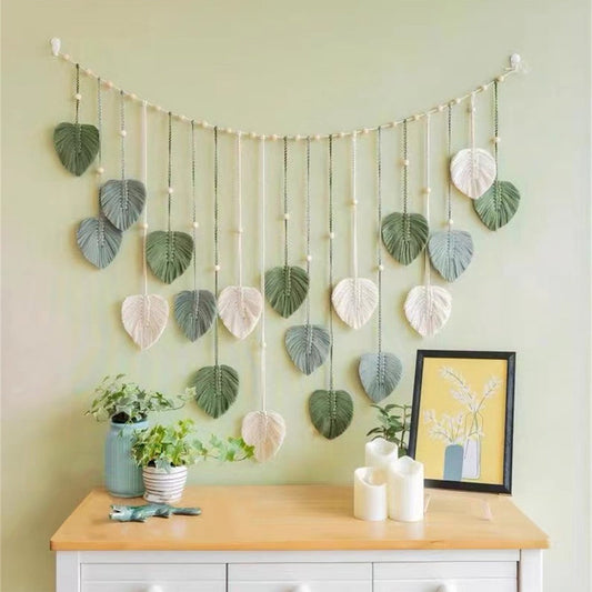Green Wall Art,Macrame Wall Hanging,Leaves Woven Tapestry, Feather Handmade Tassels Boho Wall Decor,Leaves Art Decorations for Nursery Bedroom Living Room(Green 50*30in)