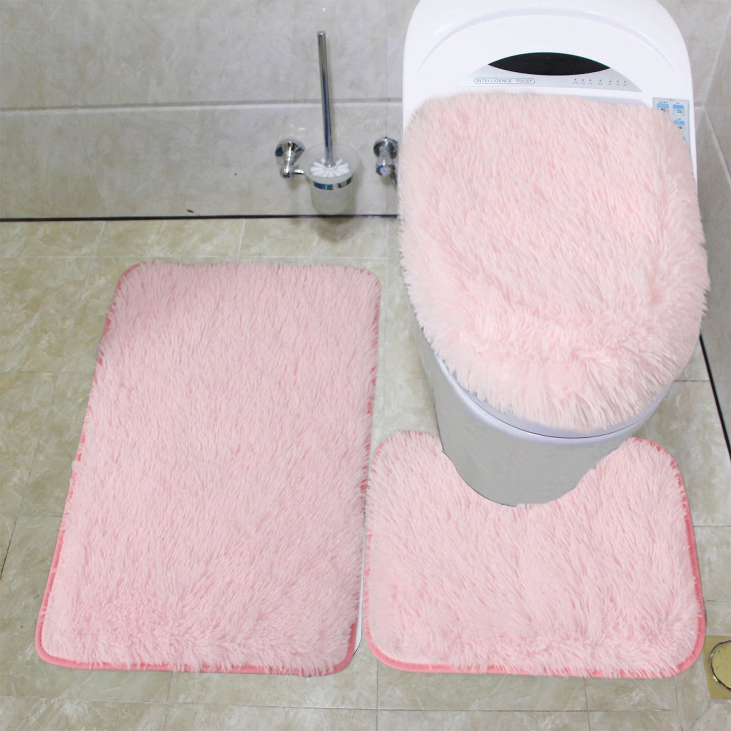 3 Piece Bathroom Rug Set With Toilet Lid Cover,Bathroom Rugs Sets 3 Piece,Ultra Soft Non Slip Bath Rug and Absorbent Chenille Bath Mat,Bathroom Rugs(Pink 3pcs/Set 20in)
