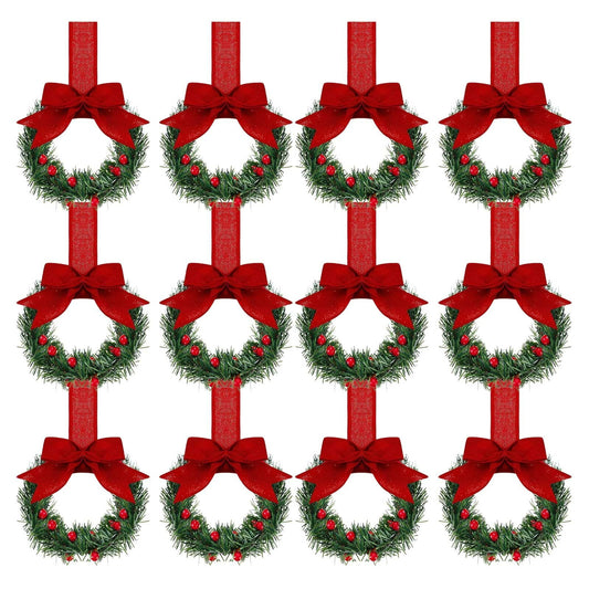 Christmas Tree Decorations,12pcs,Christmas Kitchen Cabinet Wreaths With Ribbon 3.94 Inch Mini Christmas Wreath Small Kitchen Xmas Decor For Window Door