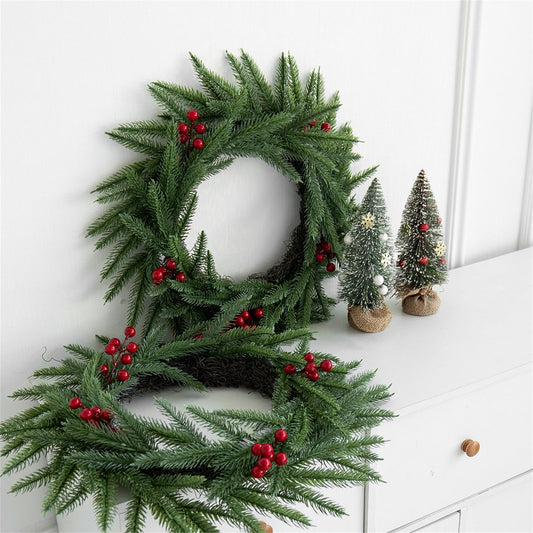 Christmas Wreaths for Front Door,Simulation Three-fork Pines Needle Red Fruit,Artificial Christmas Wreath,Christmas Collection,Background Wall Room Outdoor Indoor(1pc 18in)