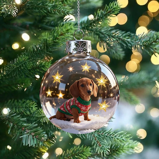 Christmas Dog Snow Globe Ornaments,Clear Plastic Christmas Balls,3.15inch Handcrafted Vivid 3d Animal Christmas Decoration,Dog Lover Christmas Tree Decorations.(Dachshund)